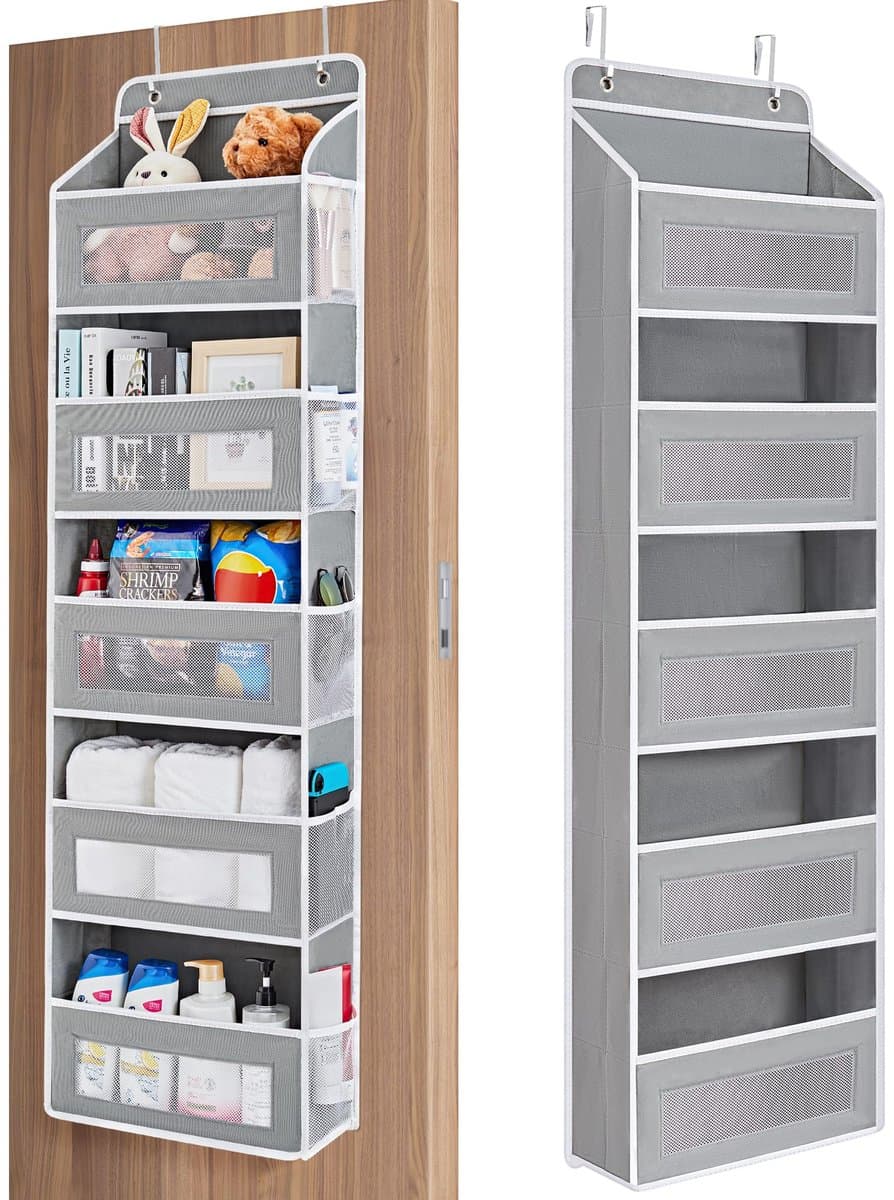 Hangende organizer met 5 planken en 5 ruime vakken - Opbergorganizer voor over de deur - Kantelbestendig, draagvermogen 20 kg (44 lb) - Geschikt voor slaapkamer, badkamer, voorraadkast en kinderkamer (grijs)