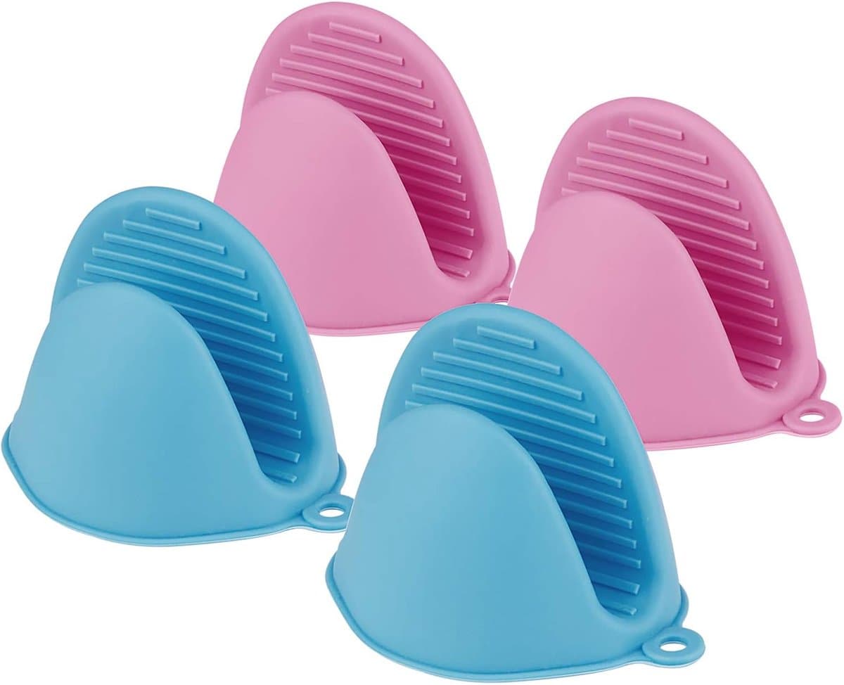 Siliconen Keukenhandschoenen - 4 Stuks Hittebestendige Ovenwanten - Mini Siliconen Pothouders - Veilig Koken en Grillen (Blauw + Roze)