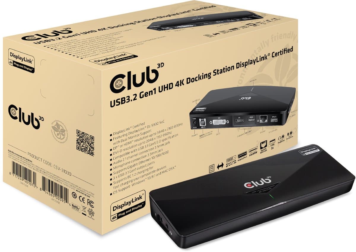 Club 3D USB-A 5Gbps UHD 4K Docking Station DisplayLink® Certified