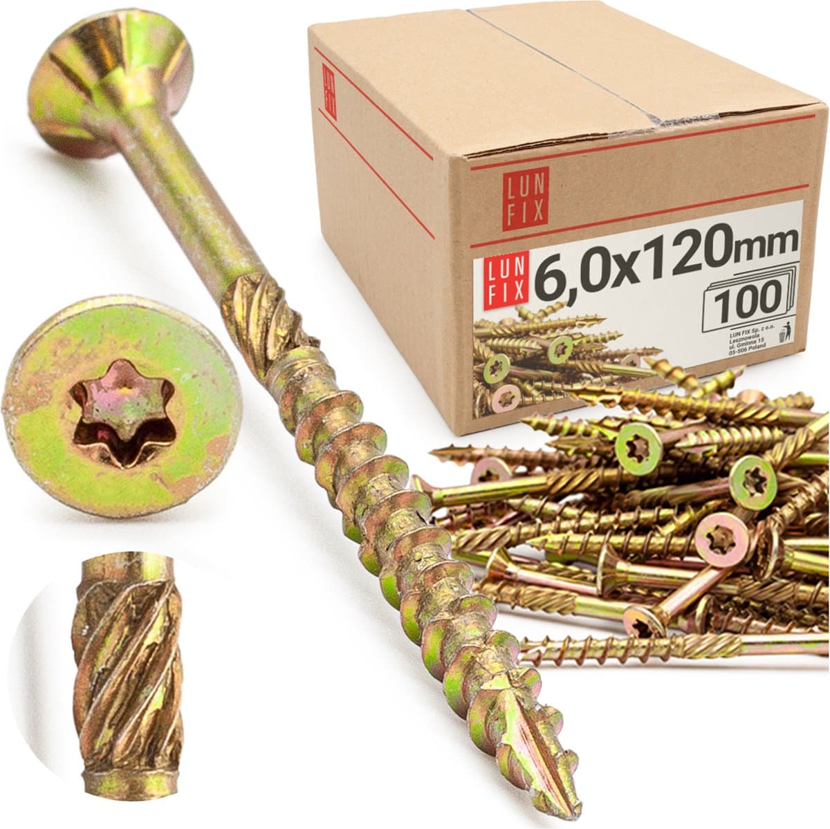 LUN FIX - Spanplattenschroeven 6x120 mm - 100 stuks - TX30 (I-Ster) - Verzinkte kop/Fräsgroeven