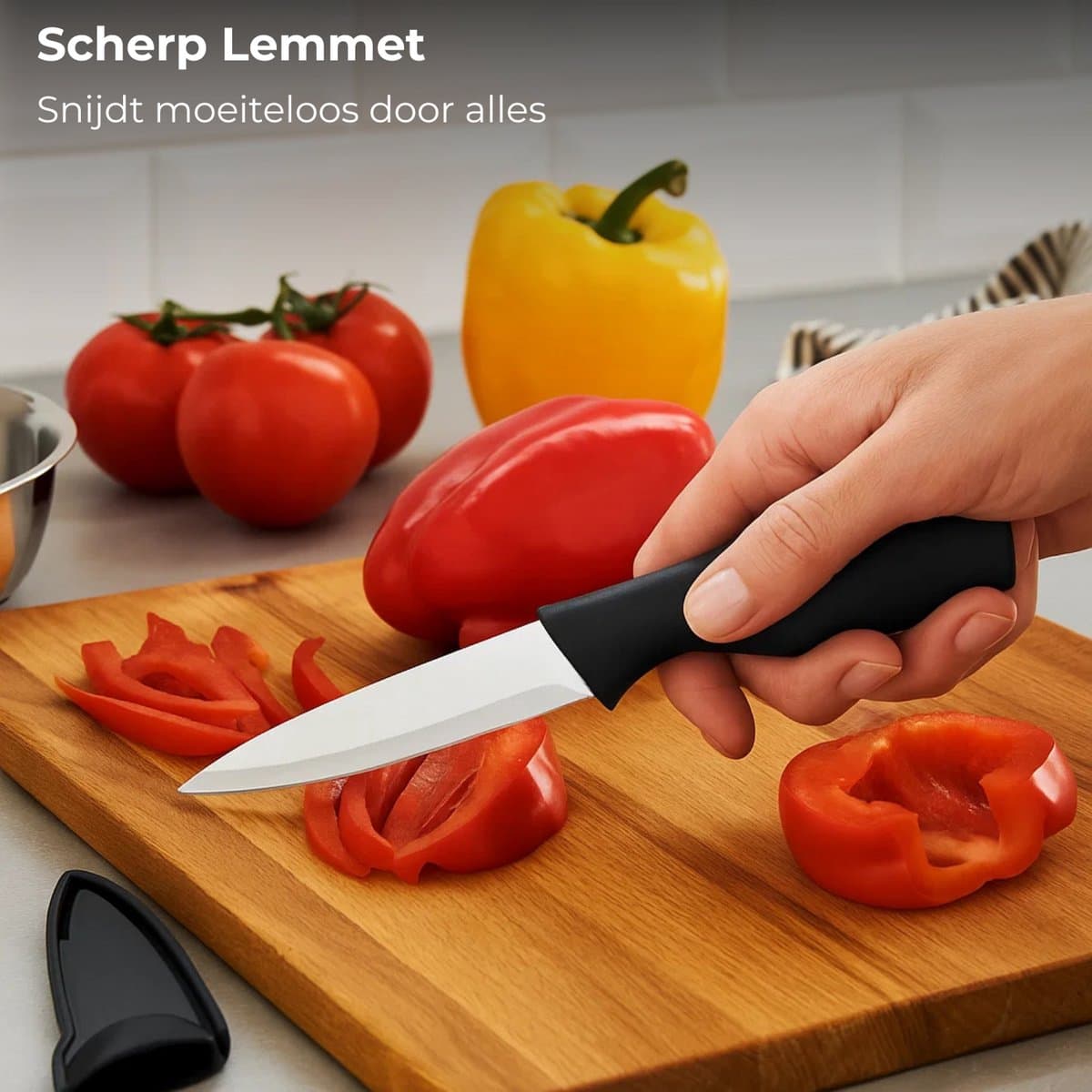 Lomera Keukenmes met Slijper - Roestvrijstalen Keukenmes - Keukenmes met Houder - Geïntegreerde Messenslijper - Vlijmscherp Keukenmes - PP Heft - Beschermhoes voor Mes - Keukenmes voor Thuiskok