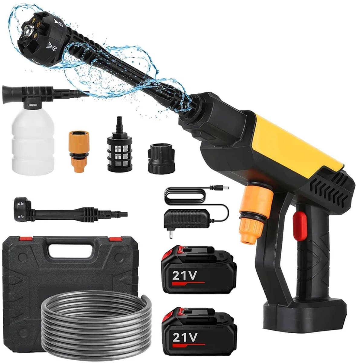 Fubzz Elektrische Hogedrukreiniger - 500W 30Bar Waterpistool Met 2 Accu’s - Draagbare Autowas & Tuinspuit - 6-in-1 Sproeikop - 5M Slang & Koffer