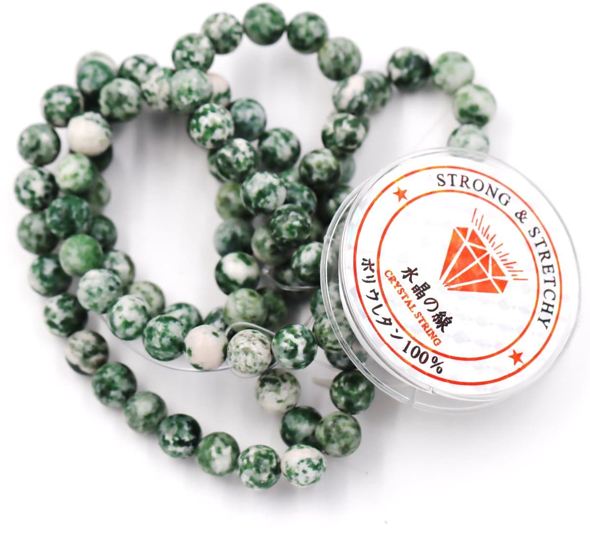 Fukugems kralen met rekkoord voor het maken van sieraden Losse stenen kralen voor doe-het-zelf Energiestenen helende armband 10 mm = 76 stuks en 1 rol koord Groene jaspis 10 mm