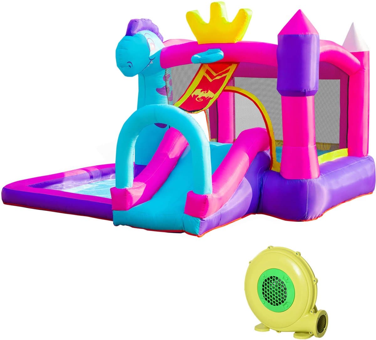 sogiol® Opblaasbaar Springkussen met Glijbaan, Trampoline -Zpeuterbad - wembad & Blower (350W) - Voor 3 Kinderen (3+ Jaar) - 300x270x200cm