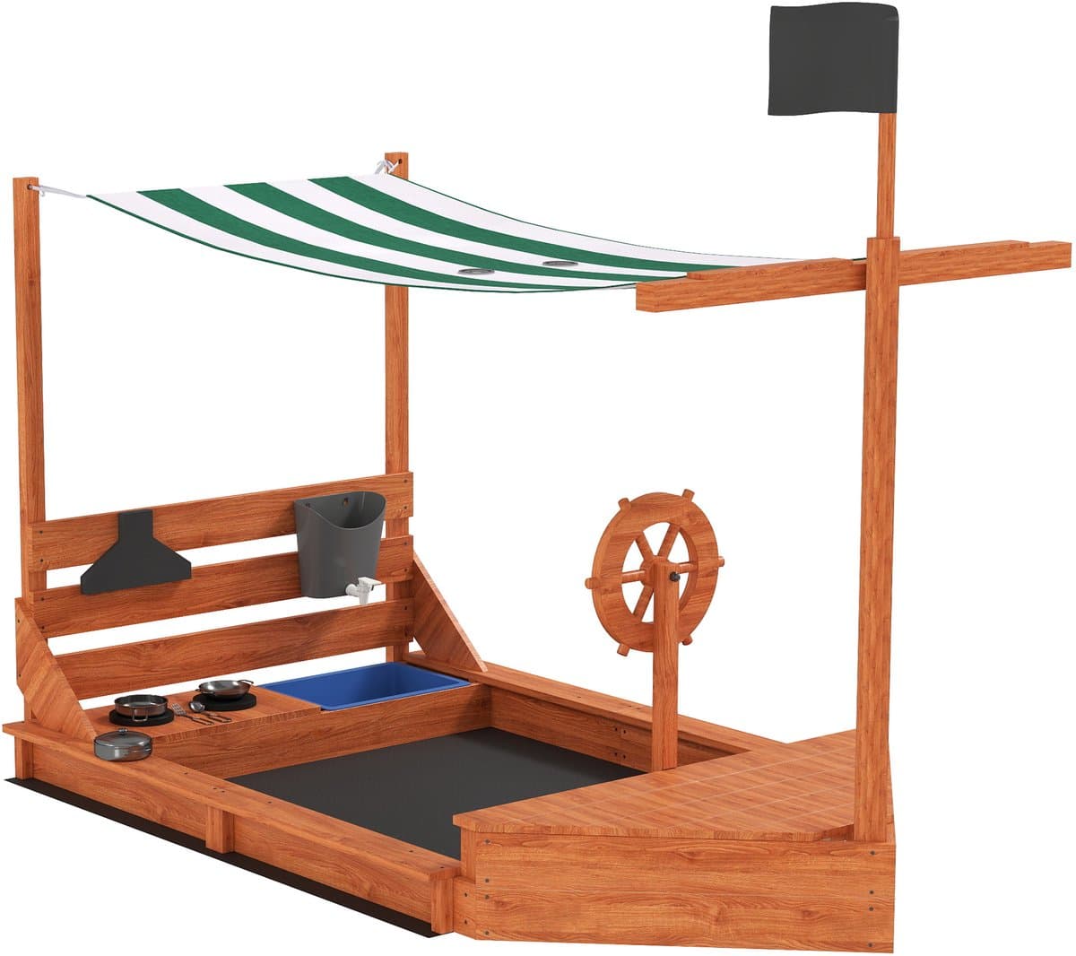 Houten Zandbak Piratenschip met Zonnedak & Speelkeuken - Inclusief Accessoires gronddoek - 180x103x144,5 cm - Groen