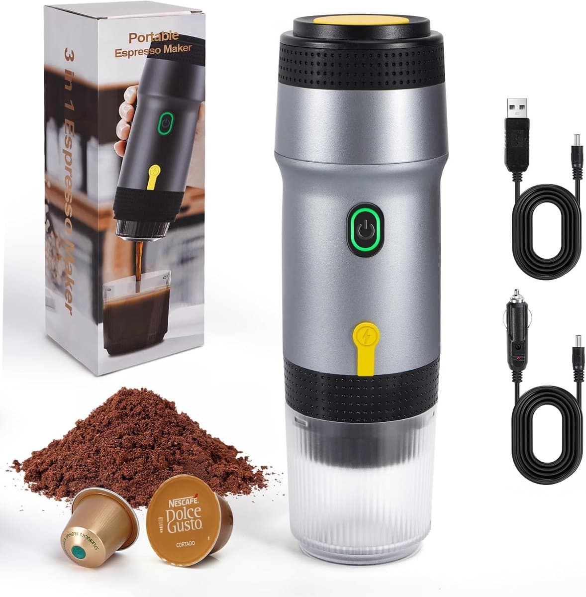Thijox - Draagbare Elektrische Espressomachine, Mini Koffiezetapparaat voor Koffiecapsules en Koffiepoeder, USB-C Oplaadbaar, Ideaal voor Auto en Outd