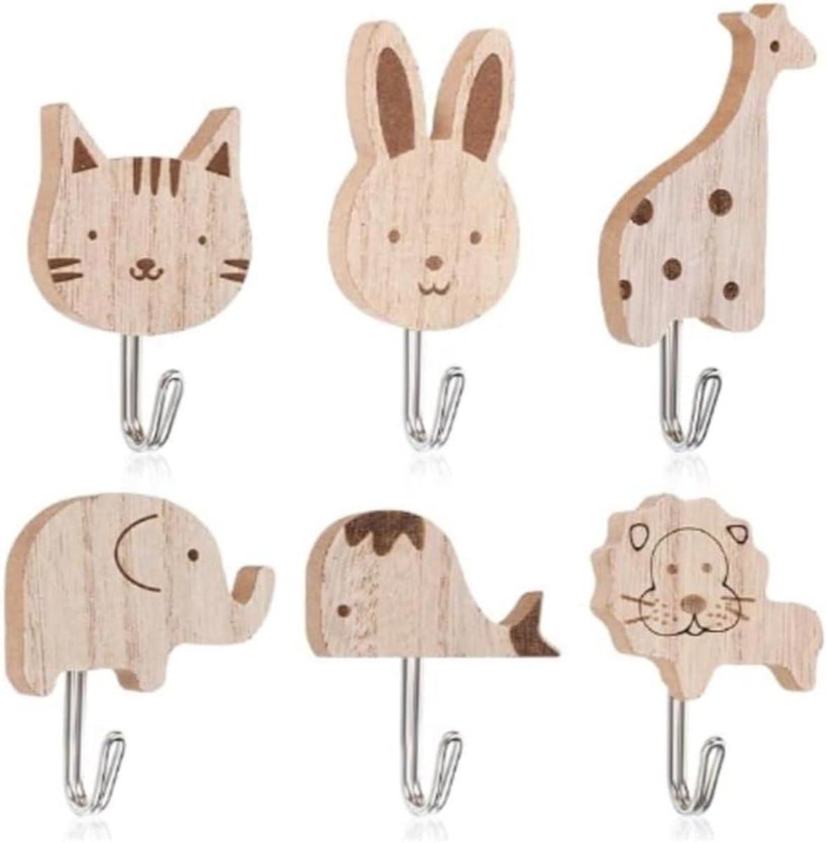 Kinderkapstok hout - Wandhaken dieren - Kamer decoreren - Zelfklevend ontwerp - 6 stuks - Multicolor