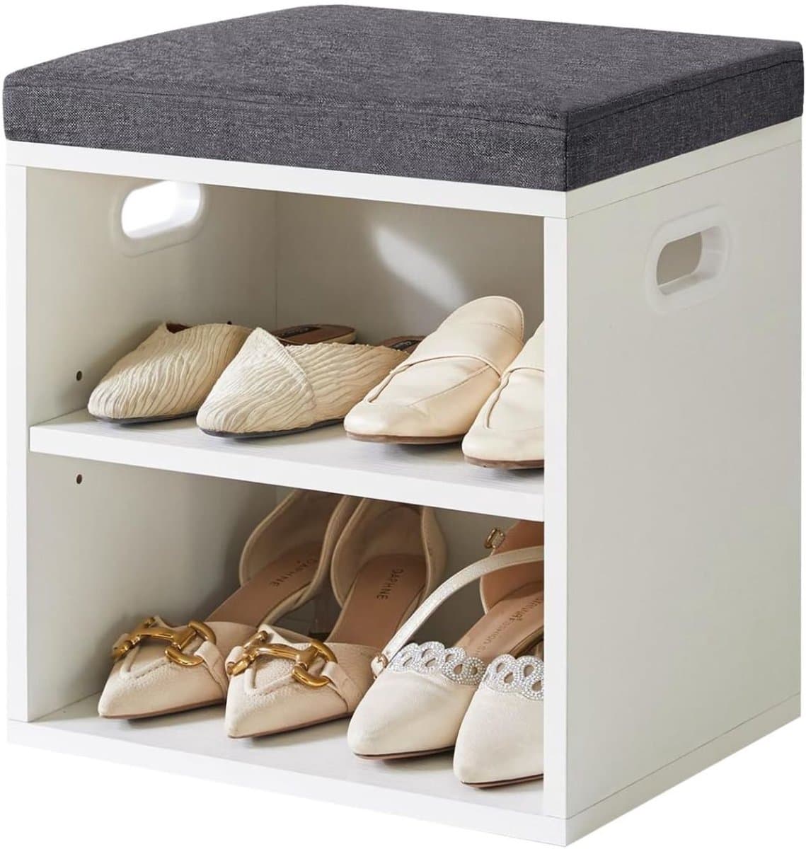 KIRA® Schoenenbank Met Zitkussen - Schoenenrek Met 2 Niveaus - Verstelbare Schoenenorganizer - Wit - 42cm x 39cm x 28cm