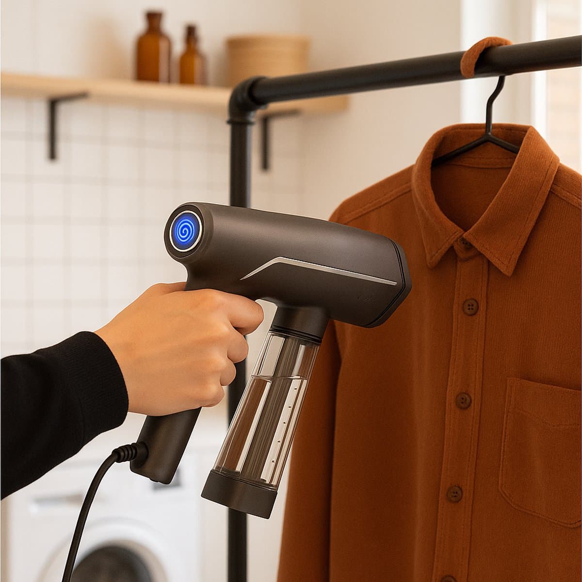 Fameilleur® Handstomer – 2000W Kledingstomer voor Reizen & Thuis – Snelle Opwarming in 40 Sec – Draagbare Mini Stoomreiniger – Ontkreukt & Desinfecteert Kleding – RVS Zool – Inclusief Flesadapter – Reishandstomer bruin - kleding stomer - hand stomer