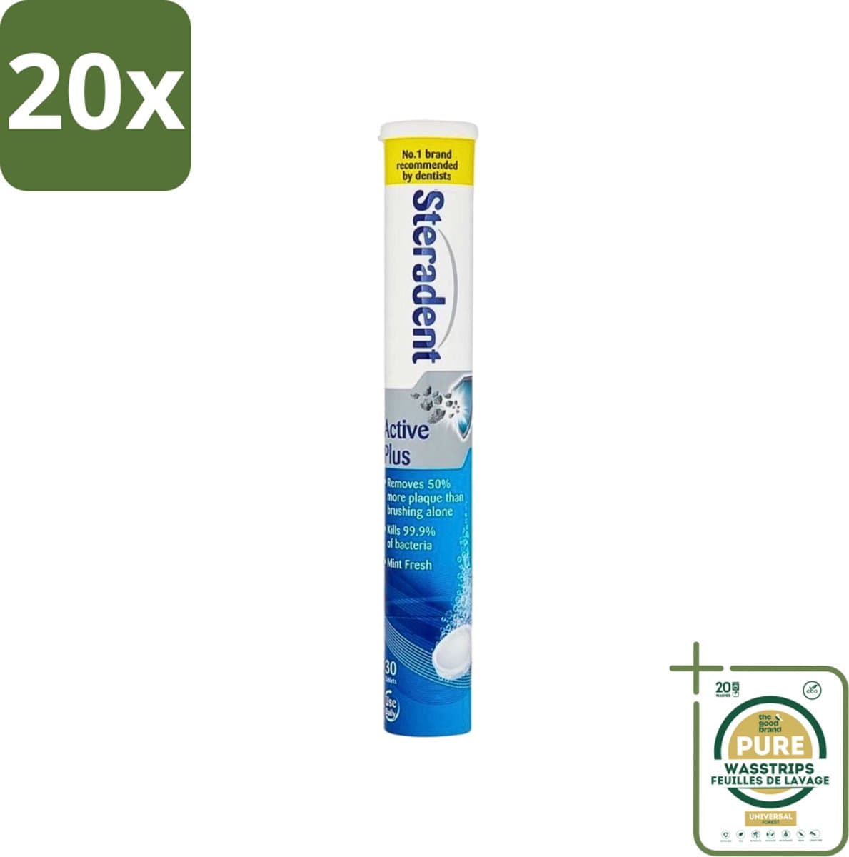 20 x Steradent - Reinigingstabletten - Active Plus - Tegen Tandsteen & Bacteriën - 30 Tabletten - Grootverpakking - Kunstgebit Reinigen - Tandsteen Verwijderen - Mondhygiëne - Bacteriën Doden - Tandplak Verwijderen