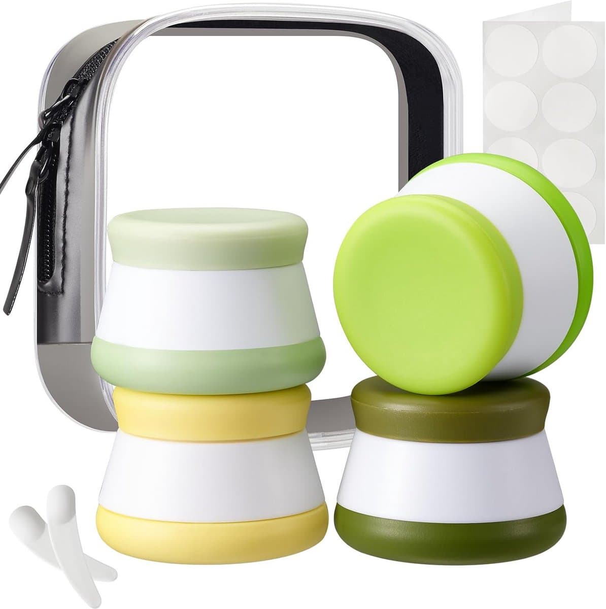 INSFIT Set van 4 siliconen reiscontainers - CAA-conforme 20 ml lekvrije toiletartikelenpotten, BPA-vrije crèmecontainers met deksels en labels, UK Travel Essentials (inclusief mini-spatels)