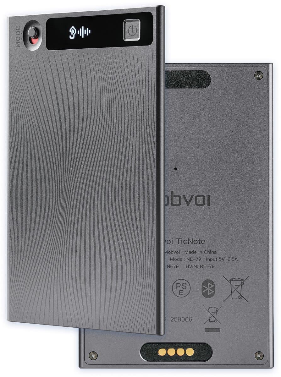 Mobvoi TicNote AI Spraakrecorder - AI Voice Recorder - Shadow AI Assistent - Live Transcriptie & Vertaling - 64GB - 120+ Talen - Grijs