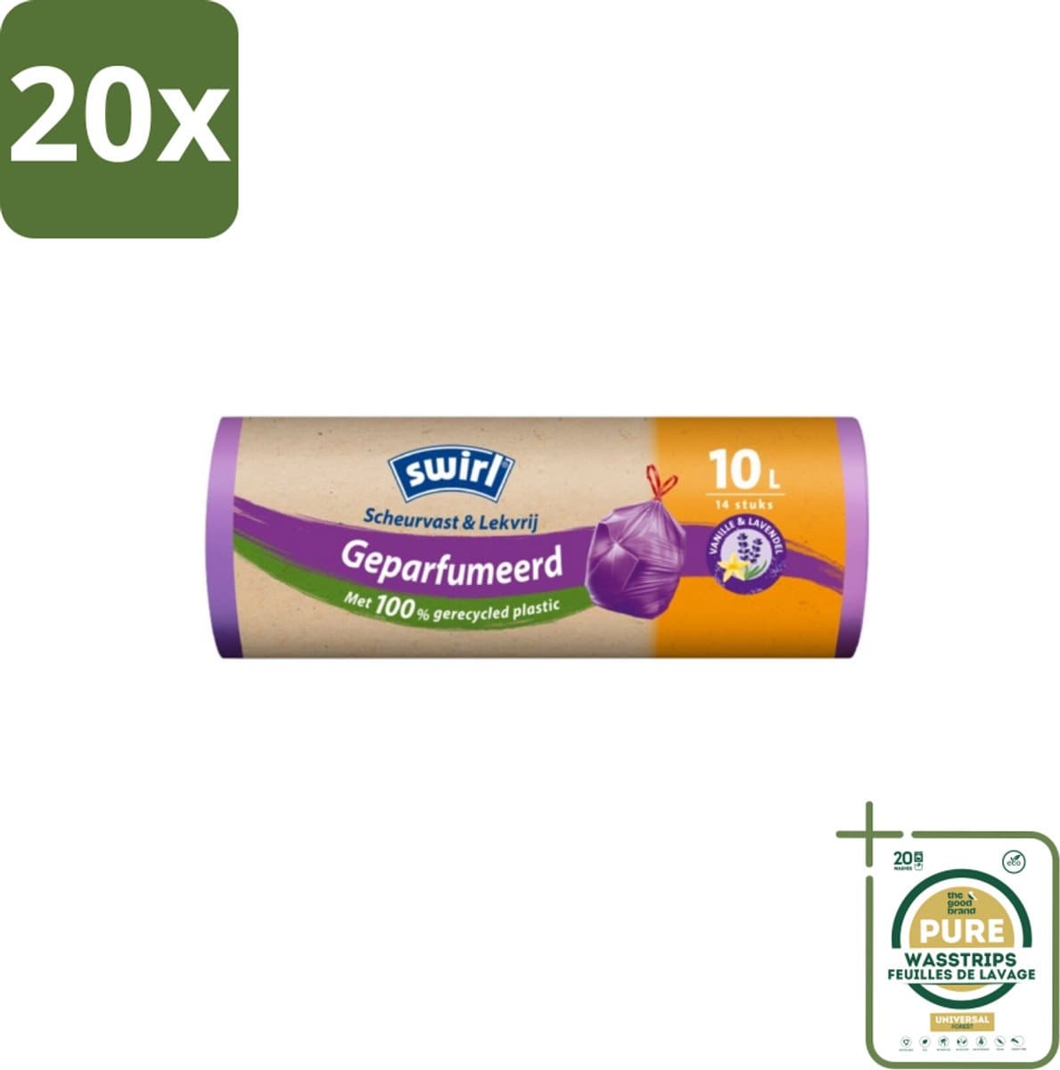 20 x Swirl – Pedaalemmerzakken – Trekband Geparfumeerd Vanille & Lavendel – 10 L – 14 zakken - Grootverpakking - Koffiezetapparaat