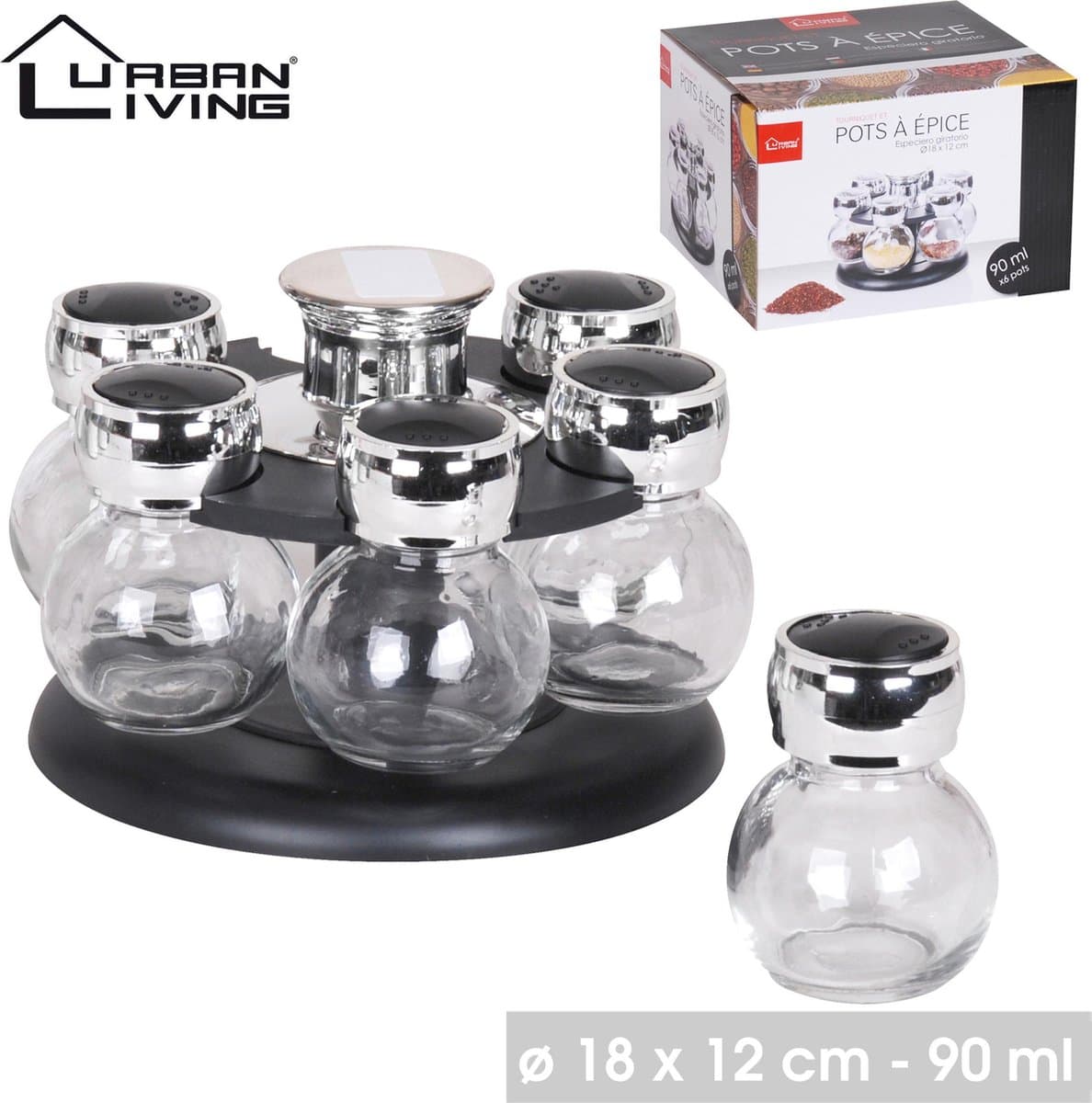 Urban Living Draaibaar Kruidenrek - 6 Glazen Potjes 90ml