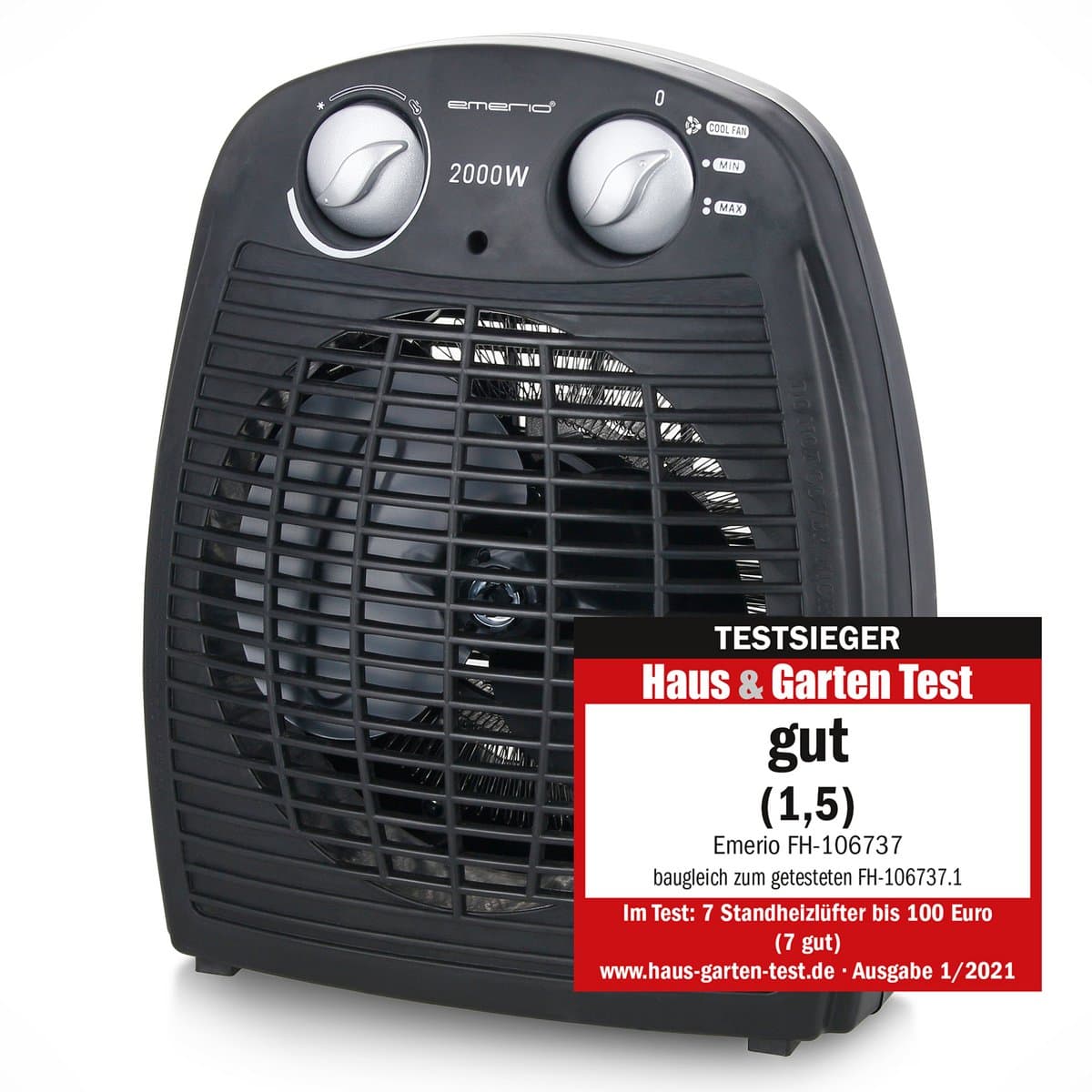 Emerio Ventilator Kachel - 25 m² - 2 Temperatuur instellingen - Ventilatorfunctie - Regelbare thermostaat - Indicatielampje - Omvalbeveiliging - FH-106737.2 Zwart