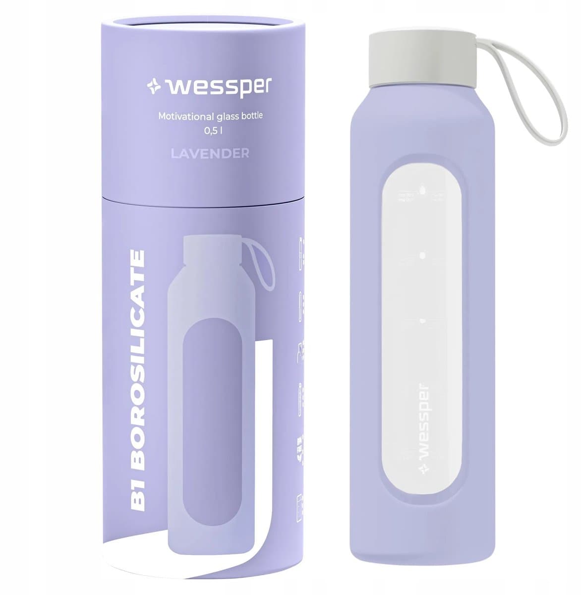 Glazen Motivatiefles 500ml – Duurzame Waterfles in LAVENDEL