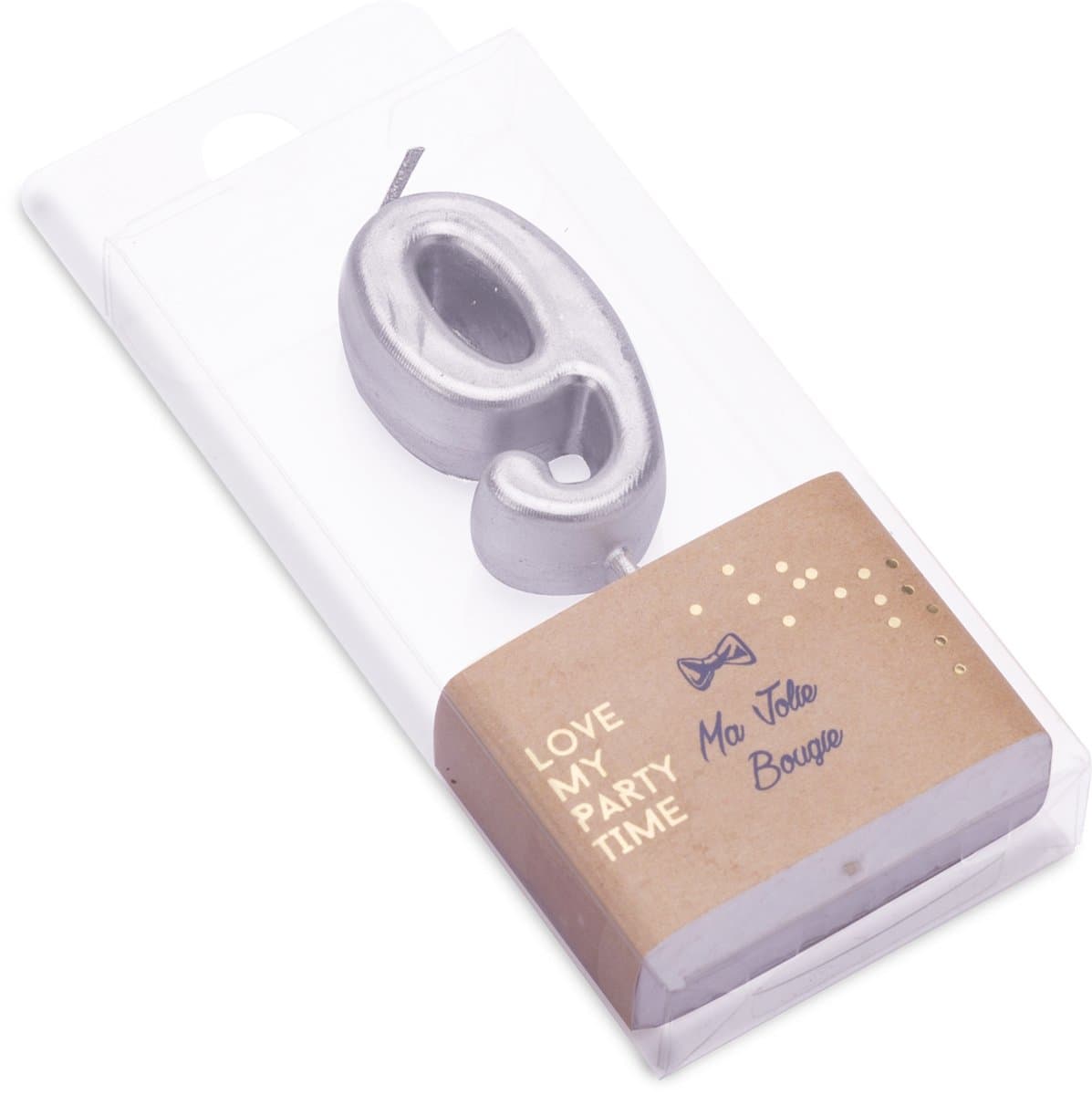 ARTYFETES - Verjaardagskaars cijfer 9 zilver metallic 4,3 cm met prikker