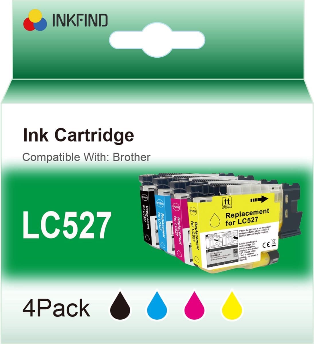 INKFIND LC527 Zwart/Cyaan/Magenta/Geel inktcartridge compatibel met Brother LC527 LC-527 LC527VAL Multipack van 4 stuks (Zwart x 1, Cyaan x 1, Magenta x 1, Geel x 1) geschikt voor Brother MFC-J4350DW/J4550DW - 4-pack BKCMY