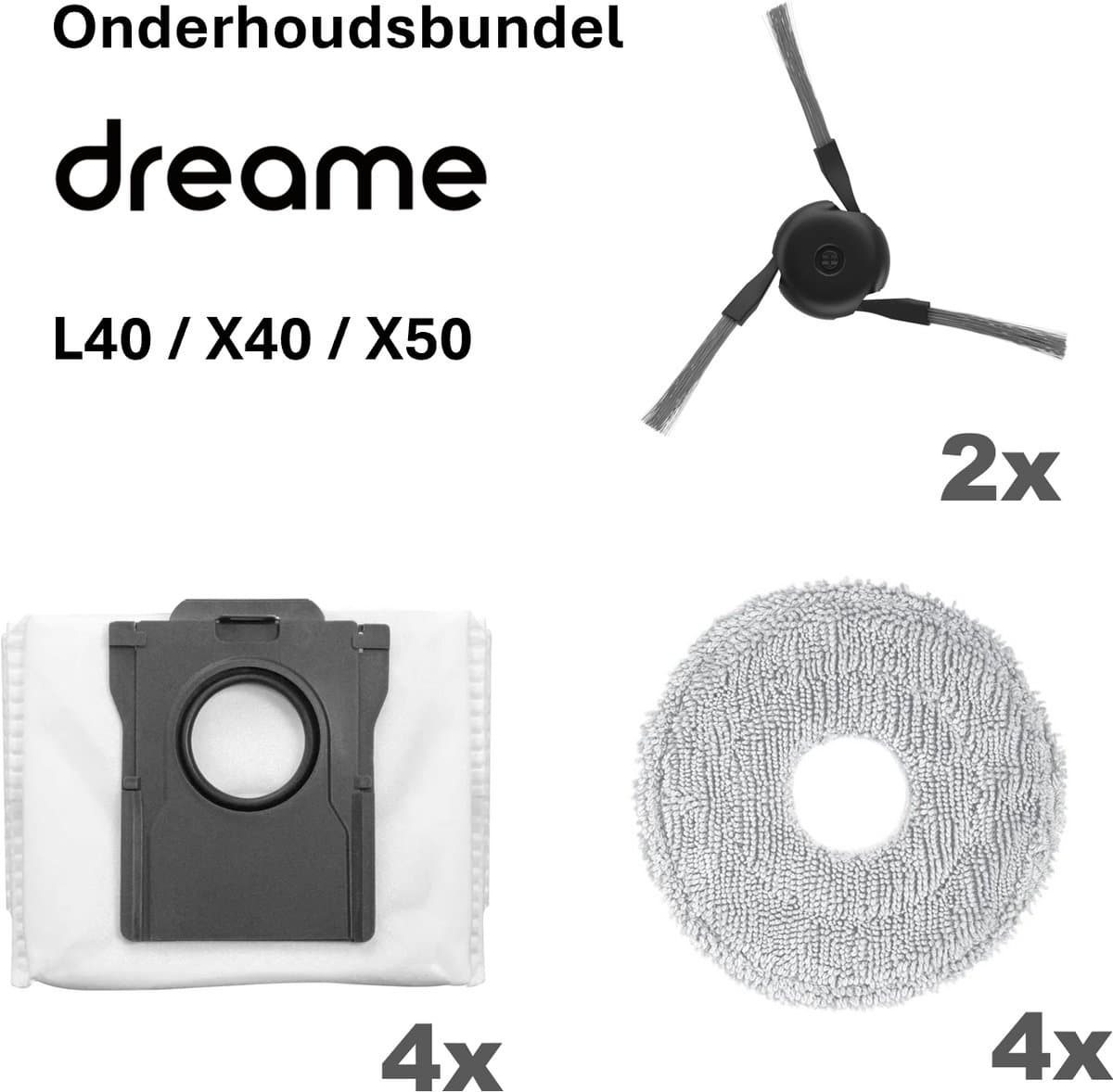 Dreame L40 / X40 / X50 Onderhoudsbundel 2x Zijborstel 4x Dweilpad 4x Stofzuigerzak