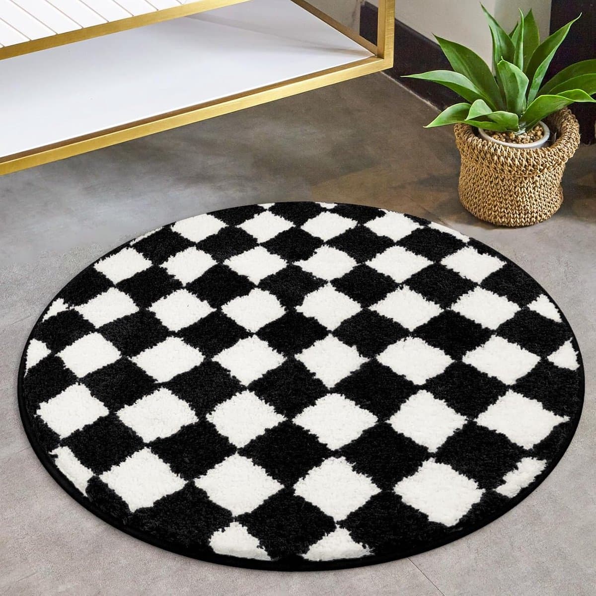 Rond Badkamertapijt - Vloerkleed Mat - Badkamer Gebruik - Machinewasbaar Sneldrogend - 60 cm Diameter - Zwart Wit