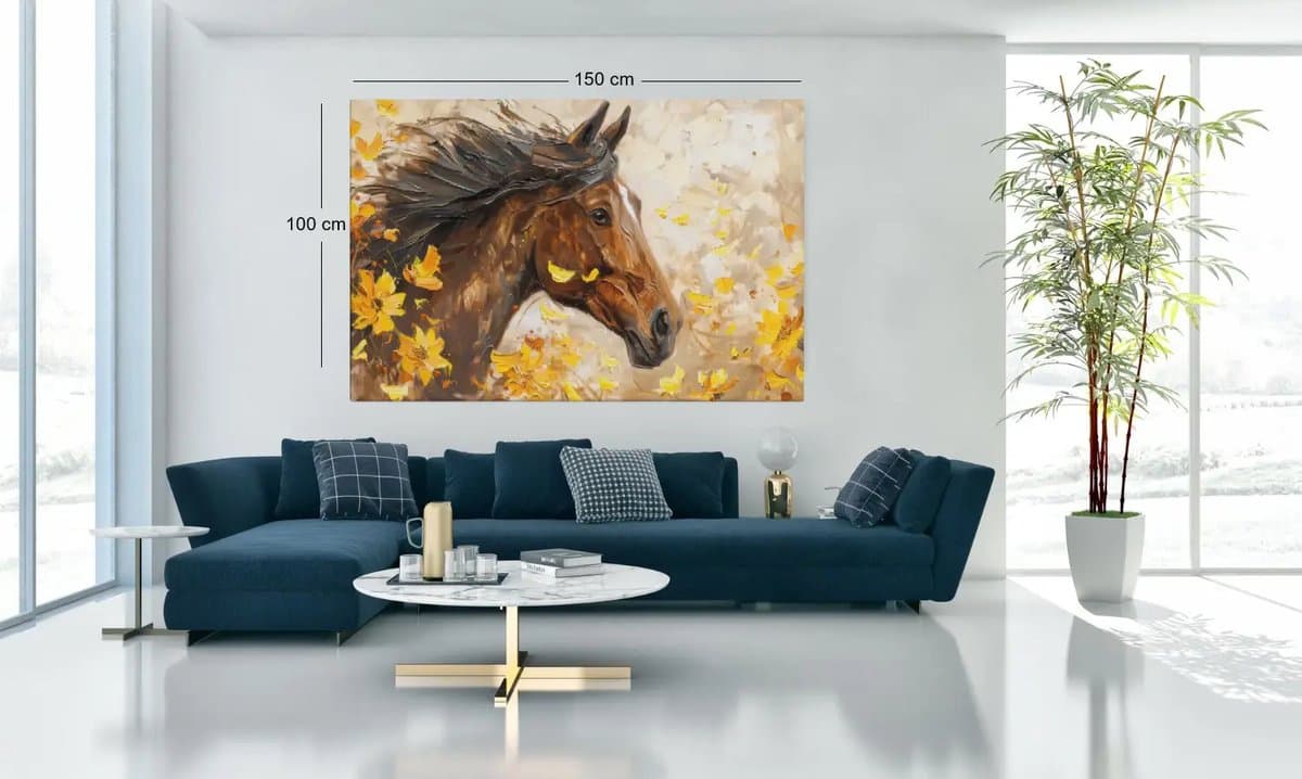 Canvas Schilderij - Paard met Gele Bloemen - Print op Doek - 150x100 cm Wanddecoratie