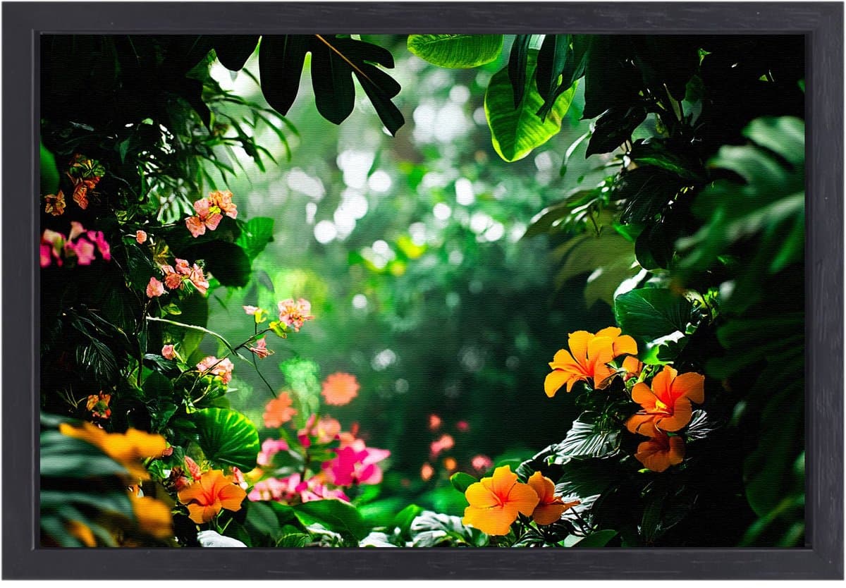 Tropische tuin vol kleurrijke bloemen - Natuur schilderij - Kunstwerk bloemen - Realisme kunststroming - Ingelijste canvas schilderijen - Stijlvolle wanddecoratie - Canvas met baklijst 150x100 cm