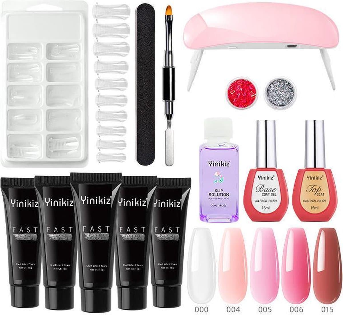 Yinikiz - POLYGEL kit - 5 Kleuren polygel 15ML - roze en wit - Starterkit- gellak - Manicure Set - UV Lamp - Polygel nagels starterspakket - nepnagels -