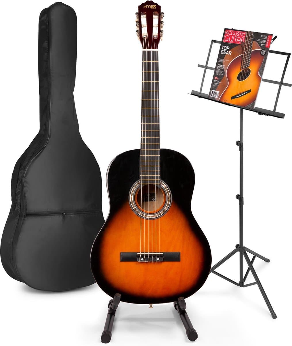 Akoestische gitaar voor beginners - MAX SoloArt klassieke gitaar / Spaanse gitaar 4/4 - Met o.a. 39'' gitaar, gitaar standaard, muziekstandaard, gitaartas, gitaar stemapparaat en extra accessoires - Sunburst