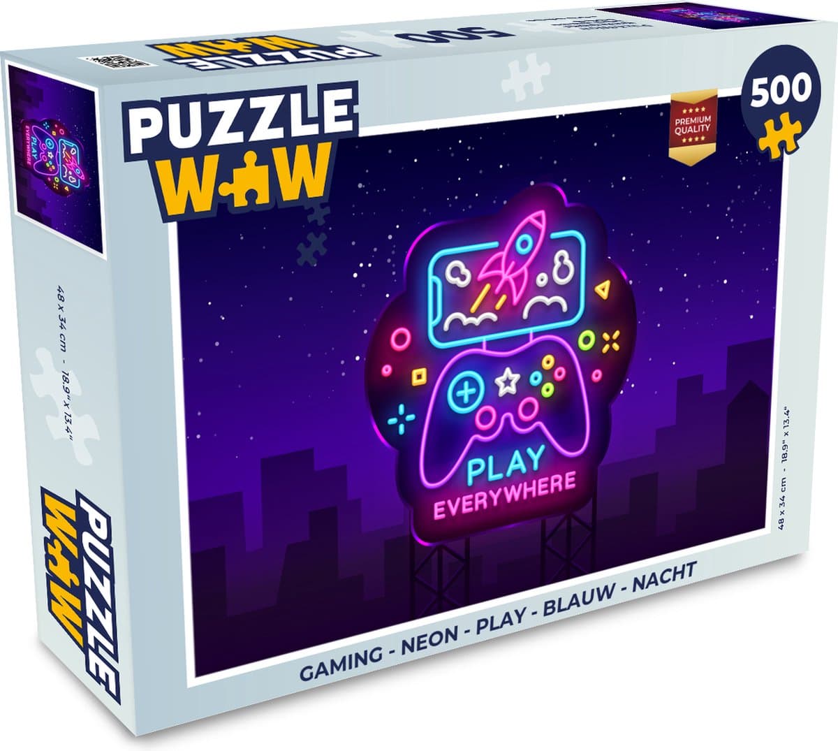 Puzzel Gaming - Neon - Play - Blauw - Nacht - Controller - Legpuzzel - Puzzel 500 stukjes