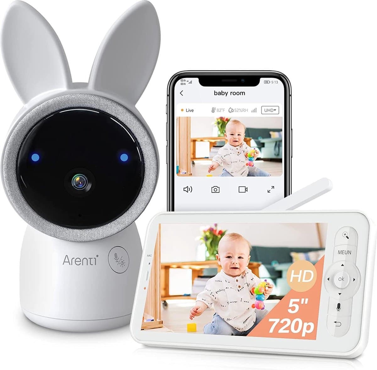 Arenti AINanny - Baby Monitor - Babyfoon met 5 inch scherm - Ultra HD 2K Resolutie - Slaapliedjes - Alexa & Google - inclusief 32 GB Sd kaart