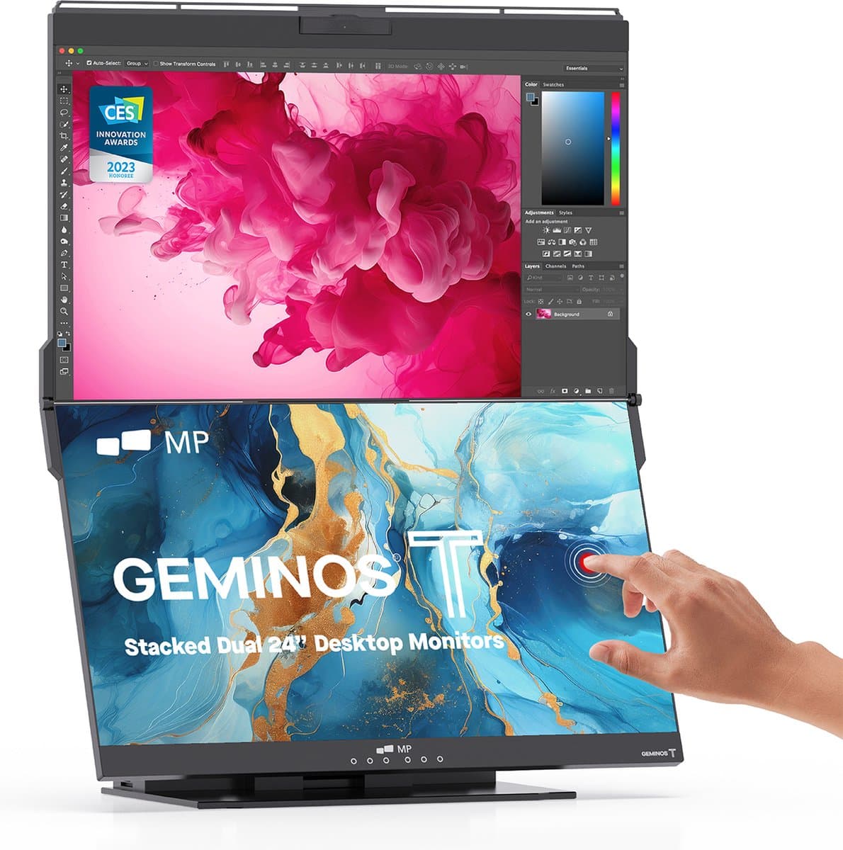 Mobile Pixels Geminos T - Gestapelde Dubbele 24 Inch Monitor - FHD - 60hz - 10 in 1 dock - Onderste display Touchscreen