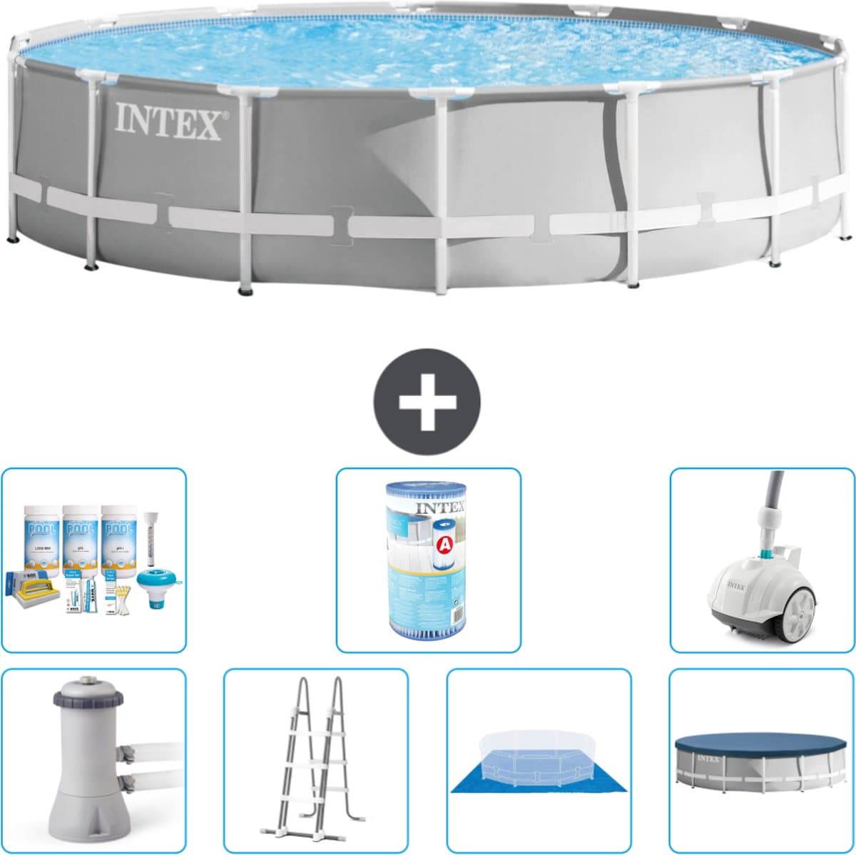 Intex Rond Prism Frame Zwembad - 427 x 107 cm - Grijs - Inclusief Pomp - Ladder - Grondzeil - Afdekzeil Onderhoudspakket - Filter - Stofzuiger