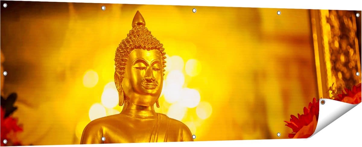Gards Tuinposter Gouden Boeddha Beeld - 180x60 cm - Tuindoek - Tuindecoratie - Wanddecoratie buiten - Tuinschilderij