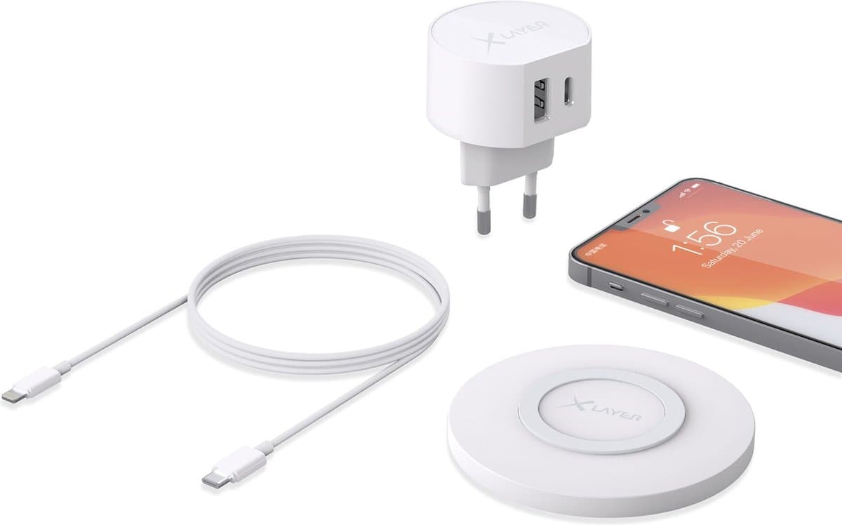XLayer iPhone snellader starterkit - Fast charging starter set - draadloze oplader 10W (Qi) - USB-C naar Apple Lightning kabel MFI - Wandlader 1 x USB-C PD 20W, 1 x USB QuickCharge 3.0 18W - wit