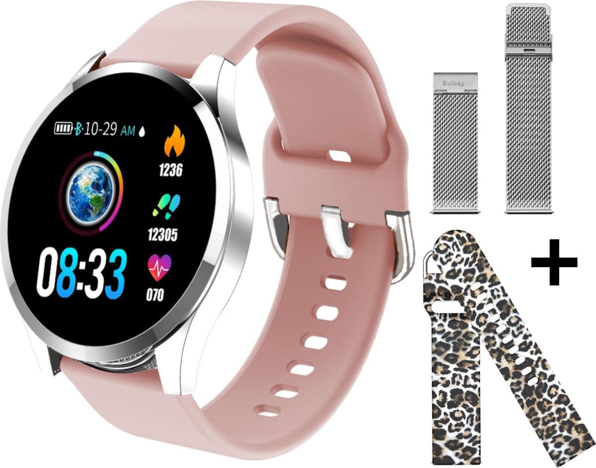Belesy® BQSiZiPk - Smartwatch Dames - Smartwatch Heren - Horloge - Stappenteller - 1.3 inch - Kleurenscherm - 10x Sporten - INDOOR en OUTDOOR - Zilver - Siliconen - Roze - extra polsband Panterprint en Milanees staal zilver - Moederdag