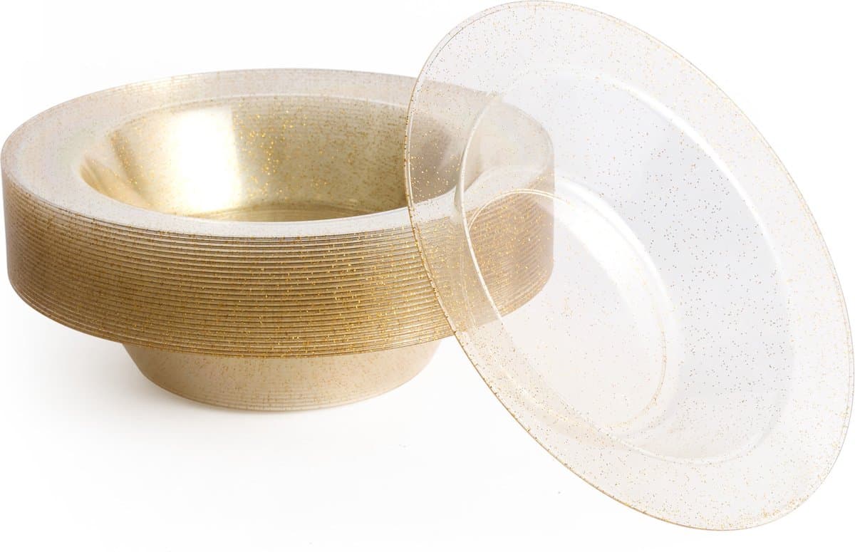 MATANA - 25 Herbruikbare Plastic Kommen met Gouden Glitter (360ml) - Bruiloften, Verjaardagen, Doopfeesten, Kerstmis en Feesten - Stevig en Herbruikbaar