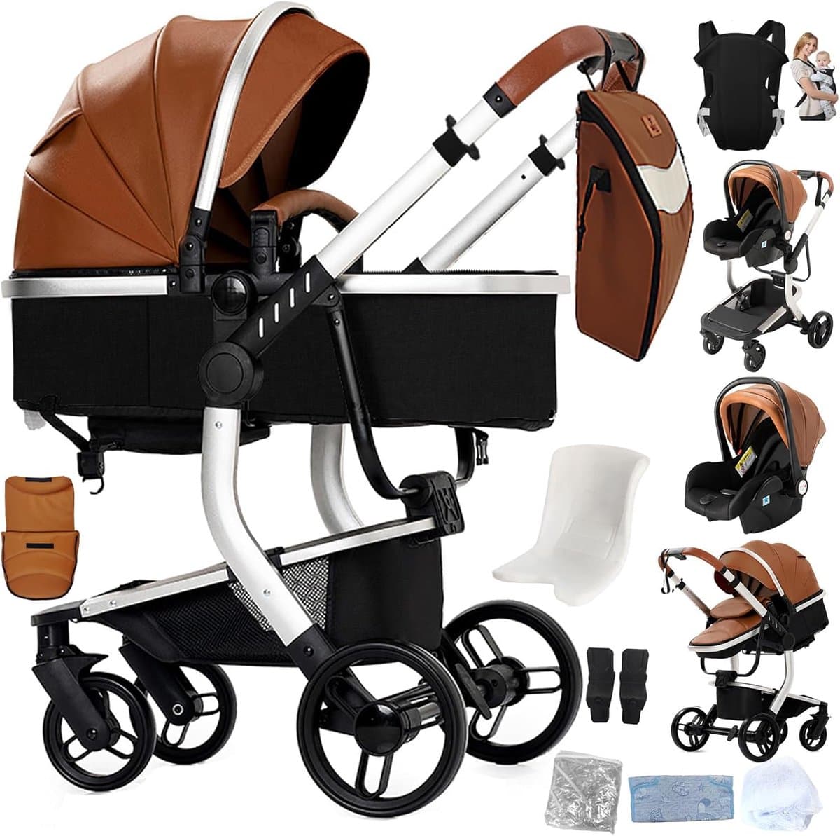 Baby Kinderwagen - Reiswieg Pram - Veilig Vervoer - One Click Vouwen - 3-in-1 Set - Khaki