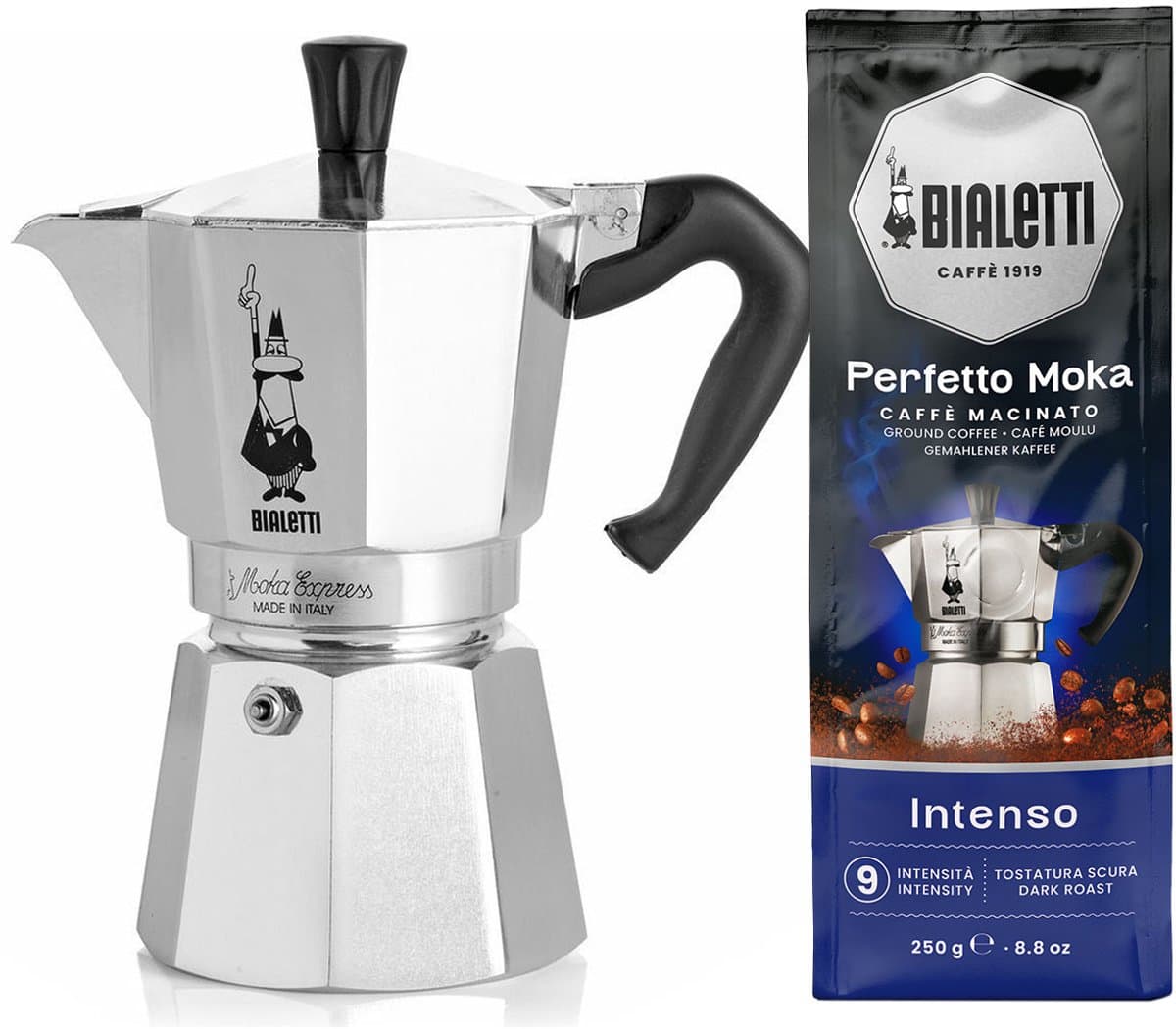 Bialetti Moka Express 3 kops + Bialetti Intenso gemalen koffie 250gr