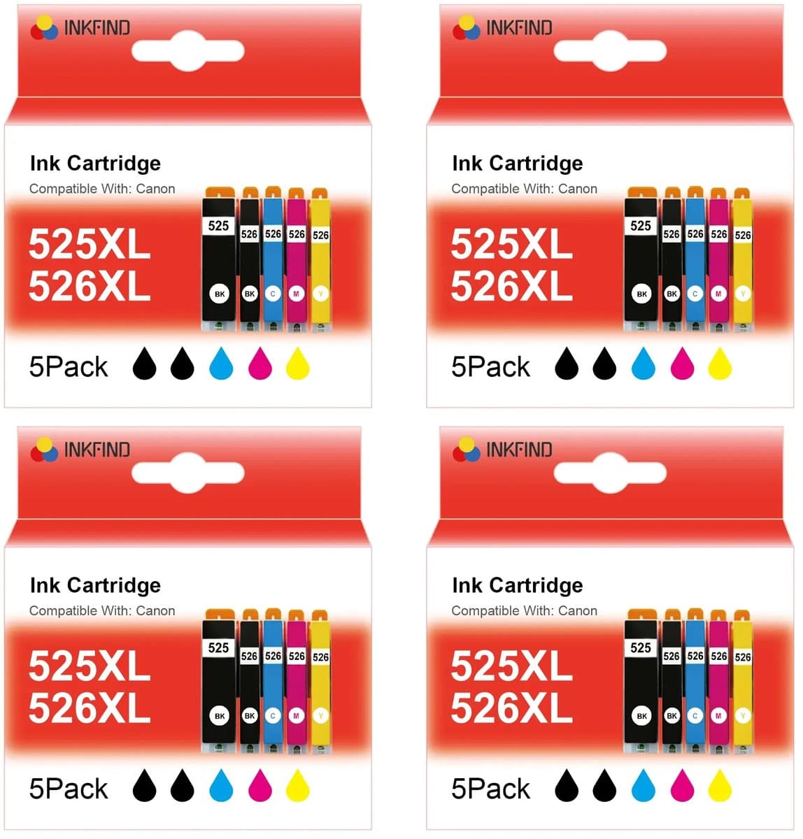 INKFIND 525XL 526XL inktcartridge voor Canon 525XL 526XL PGI-525 CLI-526 PGI525 CLI526 inktcartridge multipack 20 stuks (4*5pack=Zwart x 4, foto Zwart x 4, Cyaan x 4, Magenta x 4, Geel x 4) voor Canon Pixma IP4800 IP4850 IP4950 IX6550, MG5150 MG5200