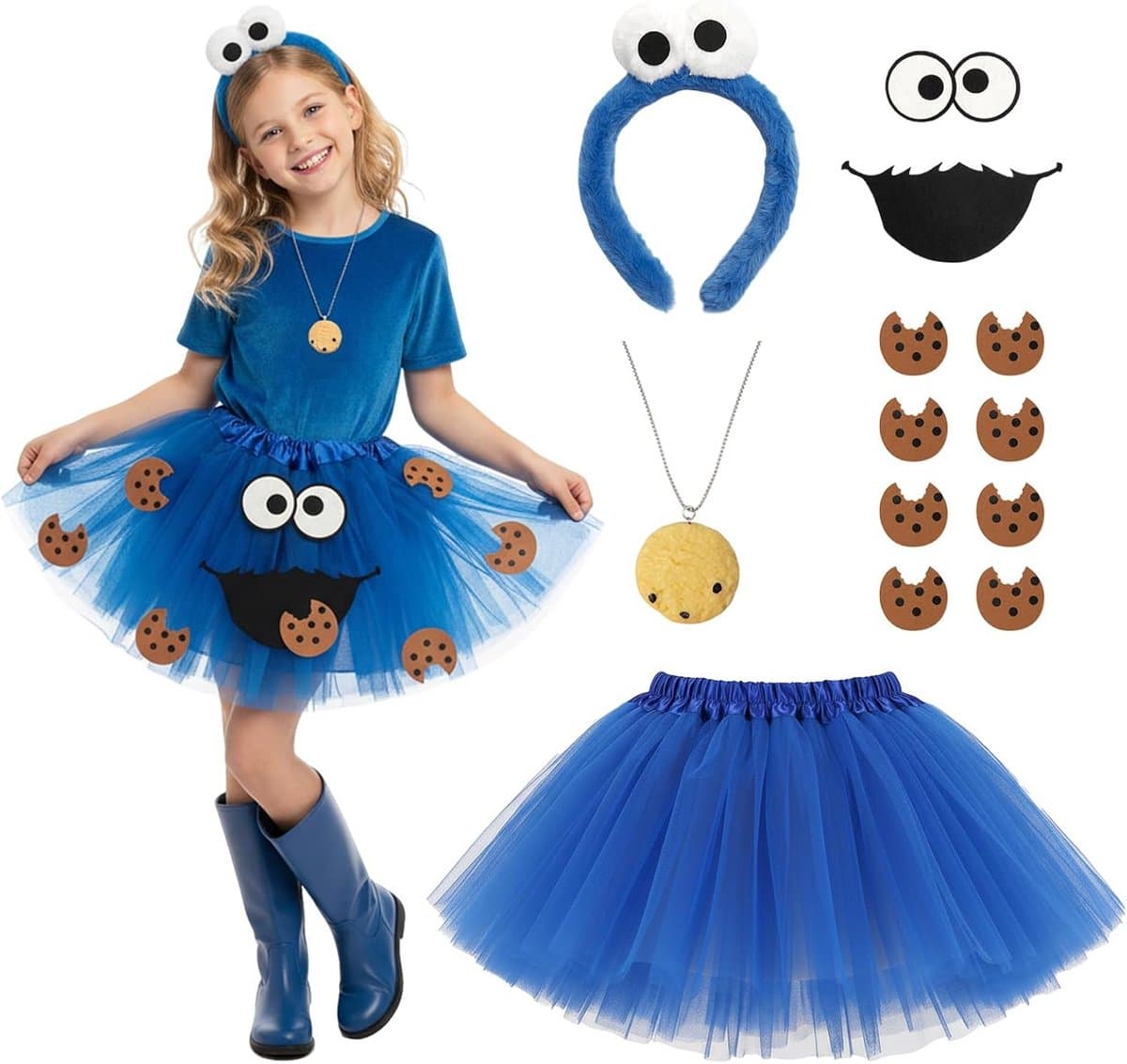 Kids Monster Costume Cookies Tulle Skirt Hair Band Cookies Necklace Cookie Felt Patches Monster Costume Accessories for Carnival Cosplay Party