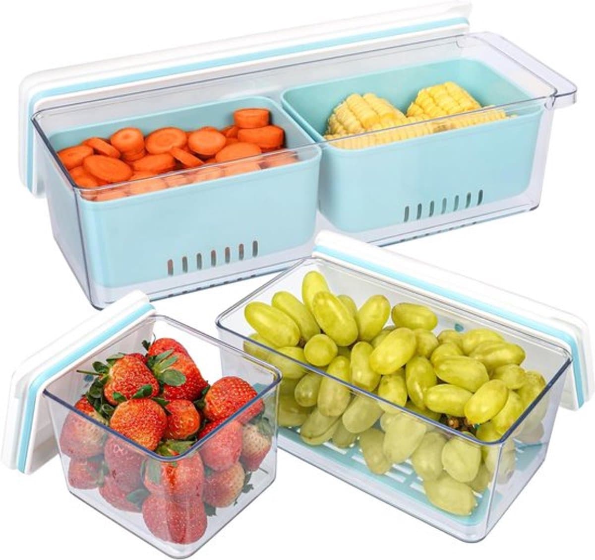 - Stapelbare Opbergboxen voor Groente en Fruit - Vershoudcontainers - Transparant - Luchtdicht - Vriezer- en Vaatwasserbestendig - 3 Stuks