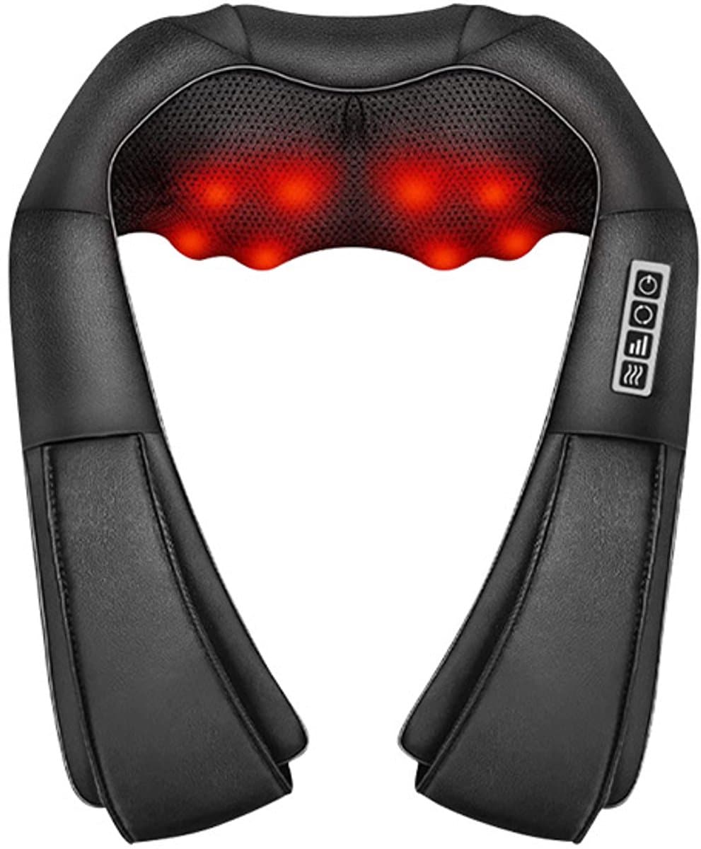 Kneed- en massagesjaal, multifunctioneel massagetoestel voor nek en schouders, elektrische nek- en schoudermassager – model met stekker – 4 knoppen – zwart
