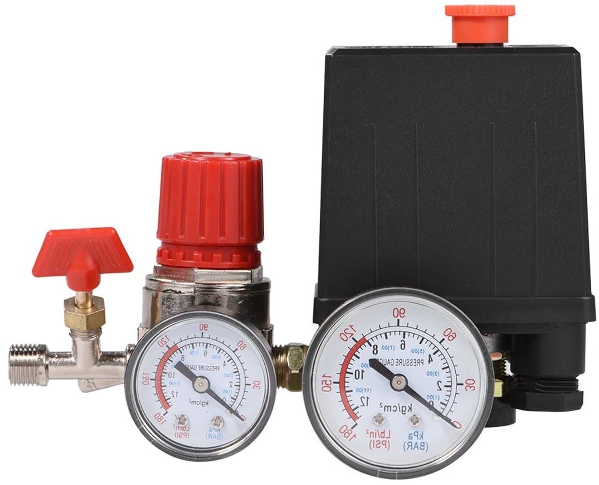 Luchtcompressor Ventiel met G1/4 Aansluiting, G1/8 Manometer en Drukregelaar van Metaal en Kunststof met Dubbele Drukmeters voor Efficiënt Gebruik