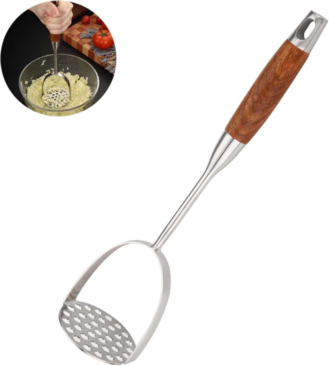 RVS aardappelstamper met houten handvat, ideaal voor het pureren van aardappelen, groenten en fruit, vaatwasserbestendig en duurzaam