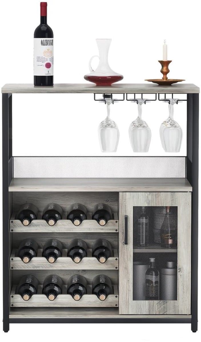 Barkast – Drankkast – Wijnkast – Buffetkast – Keukenopberger – Met Wijnrek – 3 Laags – MDF Metalen Mesh Deur – Compact 69x35x92 cm