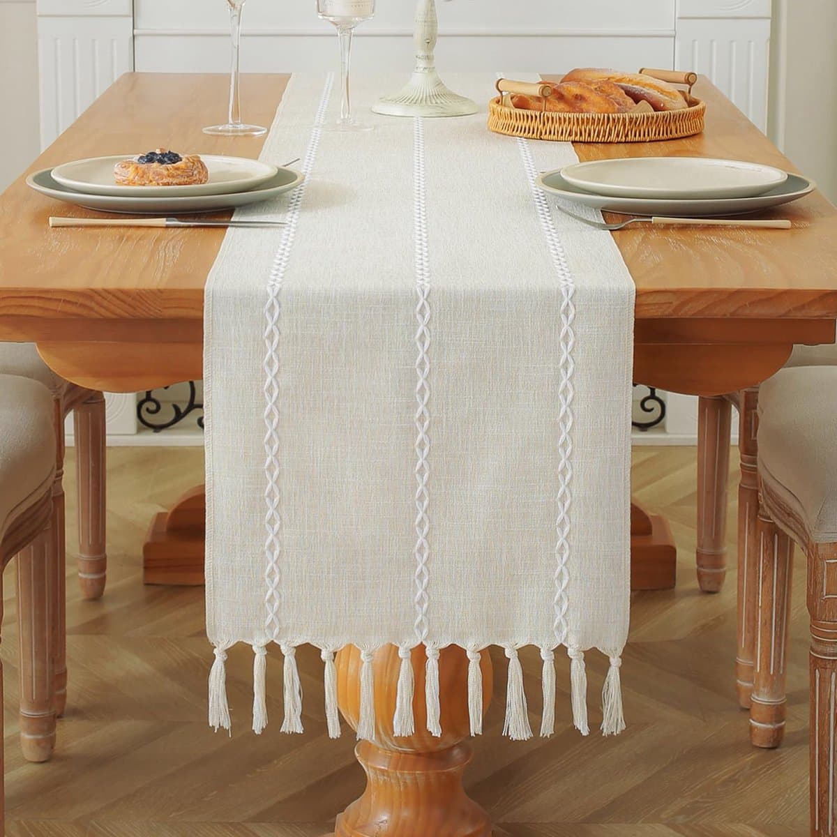 Rustieke Linnen Tafelloper, Tafelloper In Boerderijstijl Met Handgemaakte Kwastjes, Geschikt Voor Feest- En Restaurantdecoraties (33*228 Cm, Gebroken Wit)