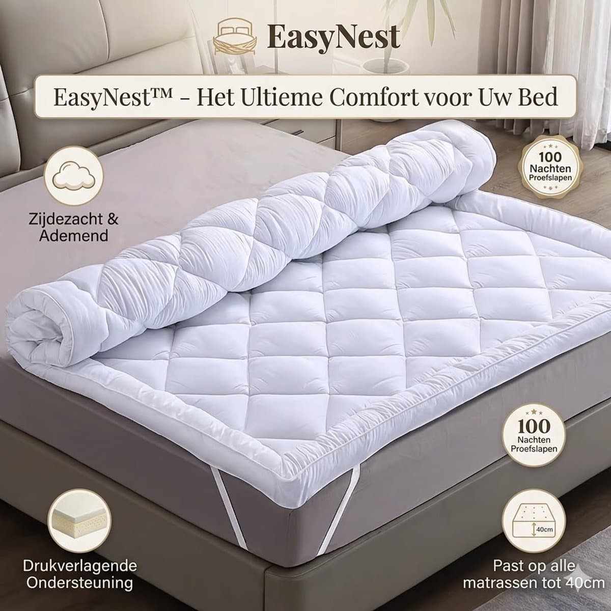 1000GSM Matrastopper – Extra Zacht en Ademend Topmatras met Elastische Hoekbanden – Drukverlagend Slaapcomfort voor Bed en Hotel