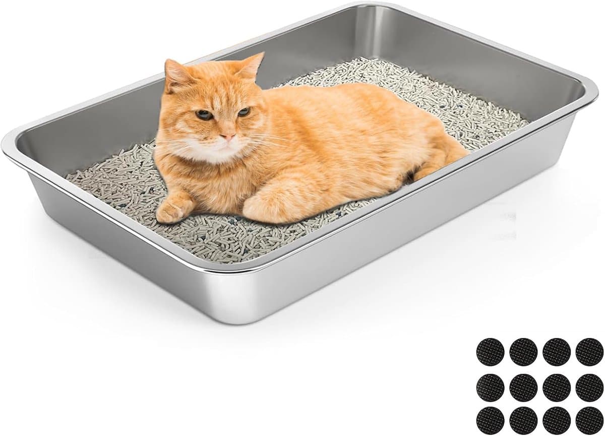 Grote RVS Kattenbak 60x40x10 cm - Geurvrije, Eenvoudig Schoon Te Maken, Met Anti-Slip Bodem