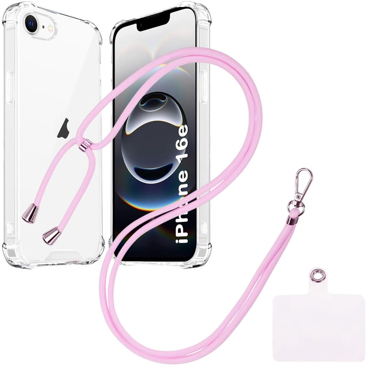 Shock Proof Case Hoes Geschikt voor iPhone 16E Hoesje Transparant Met universele Telefoonkoord lichtroze - Cover - Nek Hanger - Koord Hoes