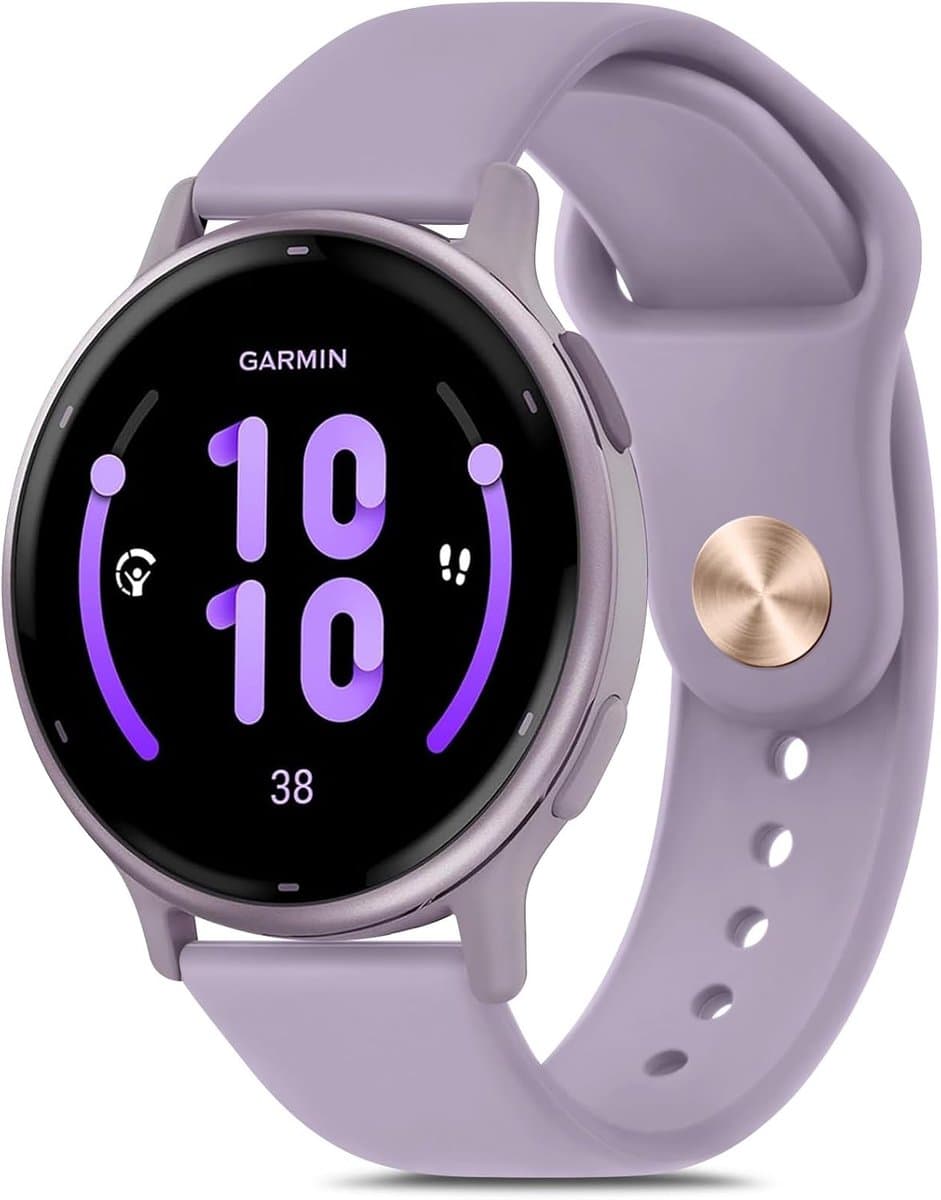Garmin horlogeband 20mm - Siliconen sportarmband - Reserveband smartwatch - Vivoactive 5 compatibel - Forerunner 165 geschikt - Snelsluiting van metaal - Verstelbare roestvrijstalen gesp - Paars/lila - Pols 170-220 mm